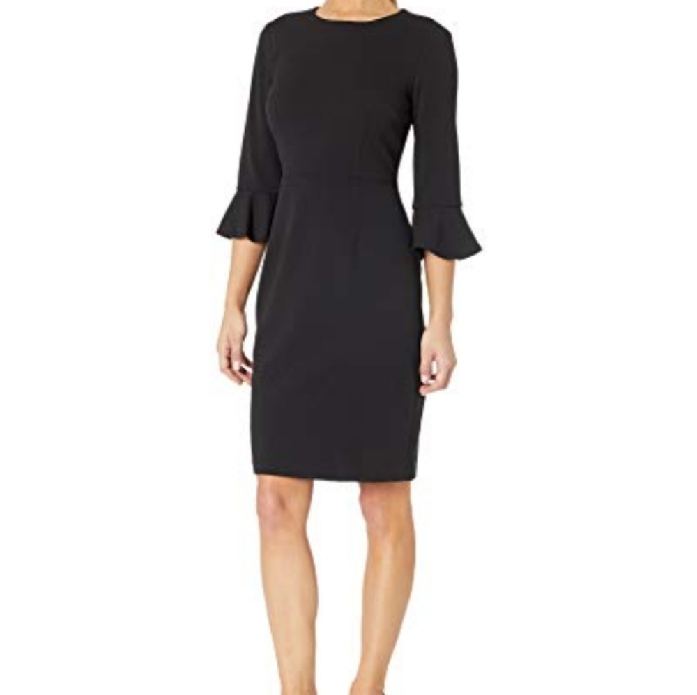 Donna Morgan x Kendall  Black 3/4 Ruffle Sleeve LBD Sheath Dress Size 6